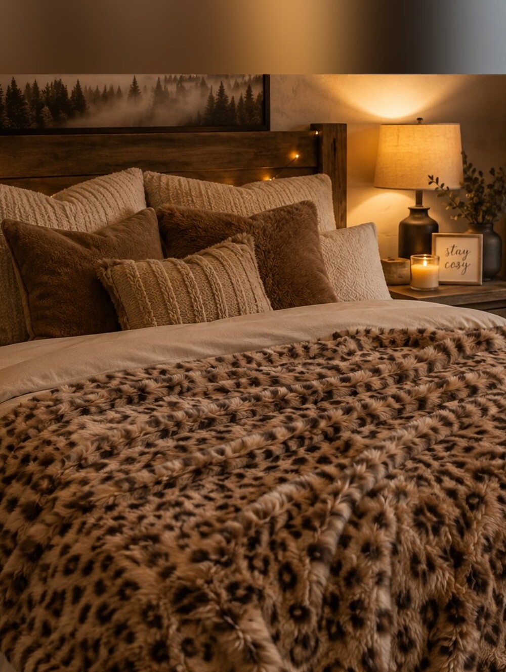 Cozy Faux Fur Leopard Print Throw Blanket - Brown & Black